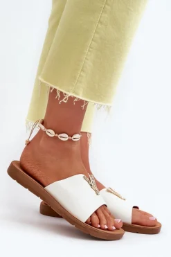 Discount Boto Klapki Damskie Na Płaskiej Podeszwie Z Ozdobą Eko Skórzane Białe Makia