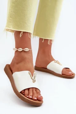 Discount Boto Klapki Damskie Na Płaskiej Podeszwie Z Ozdobą Eko Skórzane Białe Makia