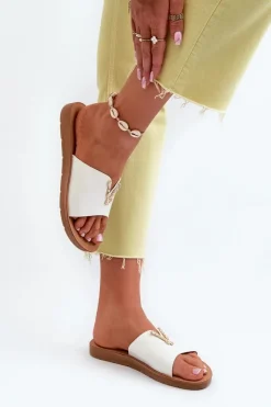 Discount Boto Klapki Damskie Na Płaskiej Podeszwie Z Ozdobą Eko Skórzane Białe Makia