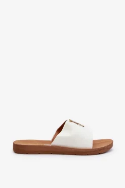 Discount Boto Klapki Damskie Na Płaskiej Podeszwie Z Ozdobą Eko Skórzane Białe Makia