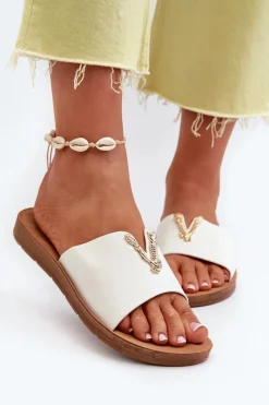 Discount Boto Klapki Damskie Na Płaskiej Podeszwie Z Ozdobą Eko Skórzane Białe Makia