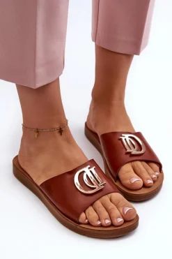 Clearance Klapki Damskie Na Płaskiej Podeszwie Z Ozdobą Brązowe Amoonia Damskie Klapki Damskie Klasyczne