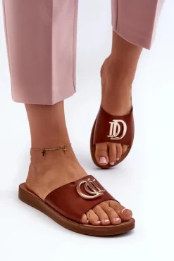 Clearance Klapki Damskie Na Płaskiej Podeszwie Z Ozdobą Brązowe Amoonia Damskie Klapki Damskie Klasyczne