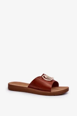 Clearance Klapki Damskie Na Płaskiej Podeszwie Z Ozdobą Brązowe Amoonia Damskie Klapki Damskie Klasyczne