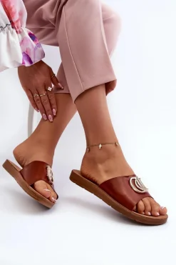 Clearance Klapki Damskie Na Płaskiej Podeszwie Z Ozdobą Brązowe Amoonia Damskie Klapki Damskie Klasyczne