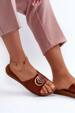 Clearance Klapki Damskie Na Płaskiej Podeszwie Z Ozdobą Brązowe Amoonia Damskie Klapki Damskie Klasyczne