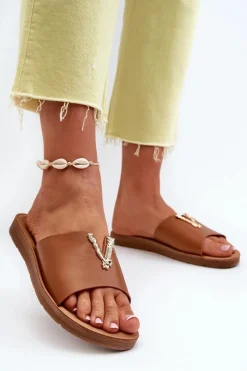 Sale Klapki Damskie Na Płaskiej Podeszwie Z Ozdobą Eko Skórzane Brązowe Makia Damskie Klapki Damskie Klasyczne