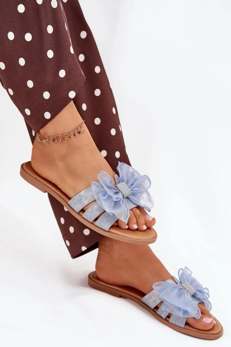 Klapki Damskie Klasyczne>Boto Klapki Damskie Na Płaskim Obcasie Z Tiulową Kokardą Jeansowe Tanira Niebieski