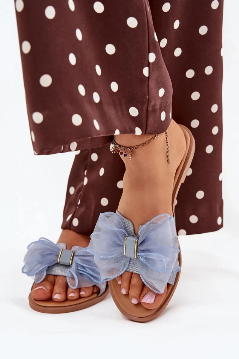 Klapki Damskie Klasyczne>Boto Klapki Damskie Na Płaskim Obcasie Z Tiulową Kokardą Jeansowe Tanira Niebieski