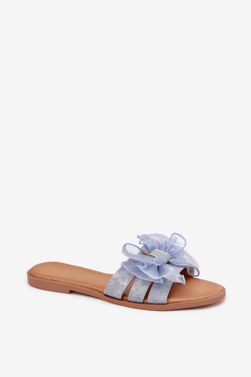 Klapki Damskie Klasyczne>Boto Klapki Damskie Na Płaskim Obcasie Z Tiulową Kokardą Jeansowe Tanira Niebieski