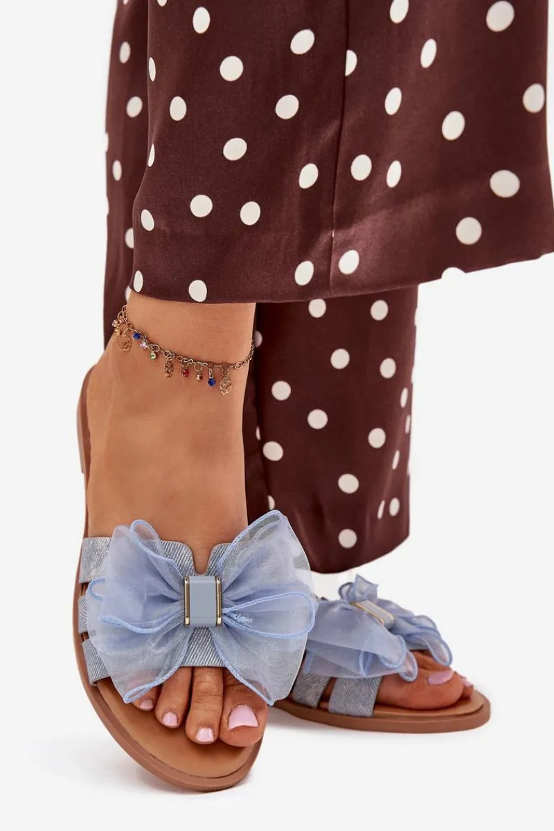 Klapki Damskie Klasyczne>Boto Klapki Damskie Na Płaskim Obcasie Z Tiulową Kokardą Jeansowe Tanira Niebieski