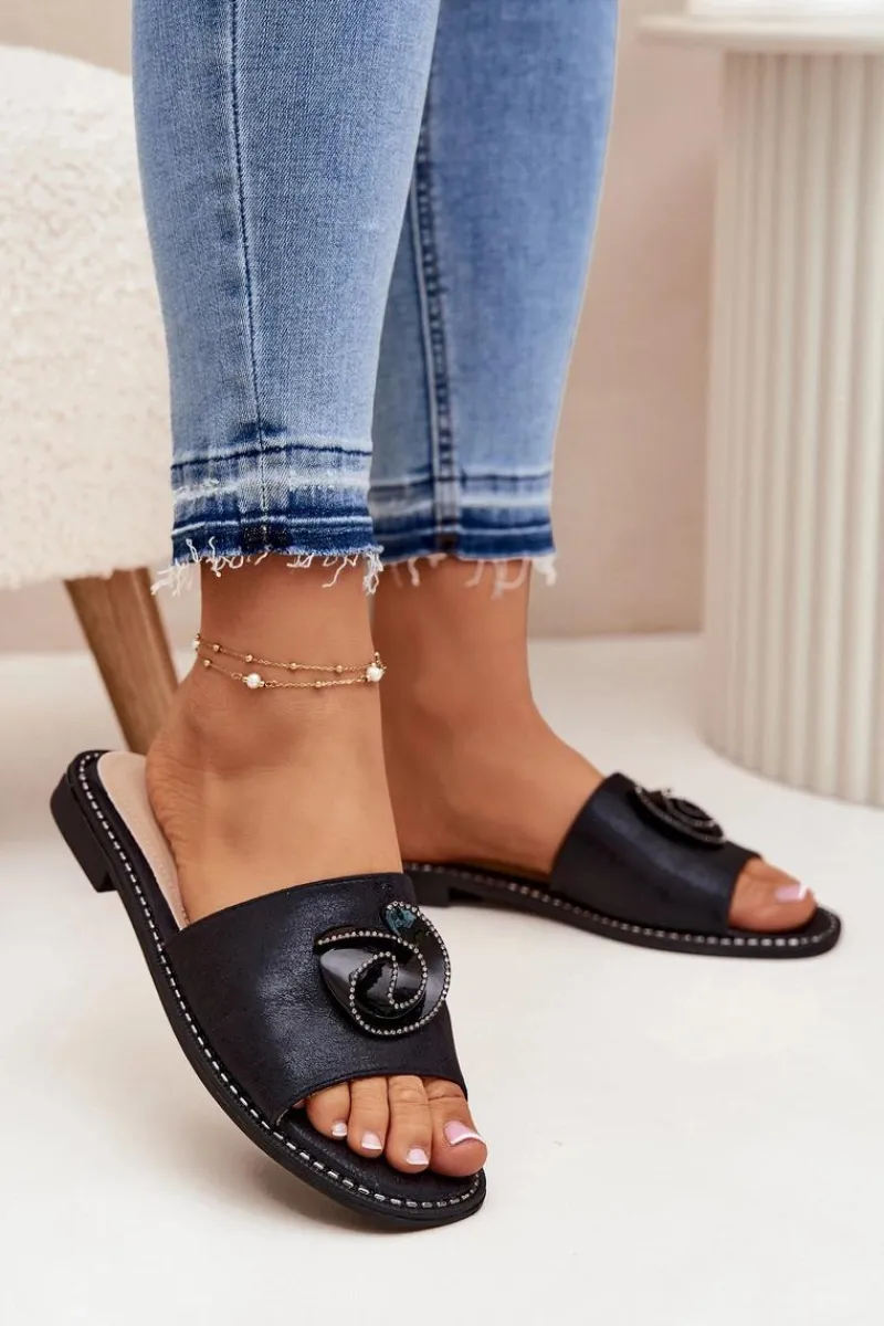 Hot Damskie buty S.Barski Klapki Damskie Na Płaskim Obcasie Z Ozdobnym Detalem KV51-007 Czarne Czarny