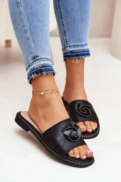 Hot Damskie buty S.Barski Klapki Damskie Na Płaskim Obcasie Z Ozdobnym Detalem KV51-007 Czarne Czarny