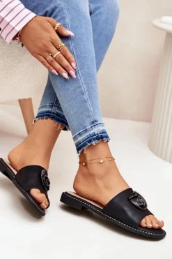 Hot Damskie buty S.Barski Klapki Damskie Na Płaskim Obcasie Z Ozdobnym Detalem KV51-007 Czarne Czarny