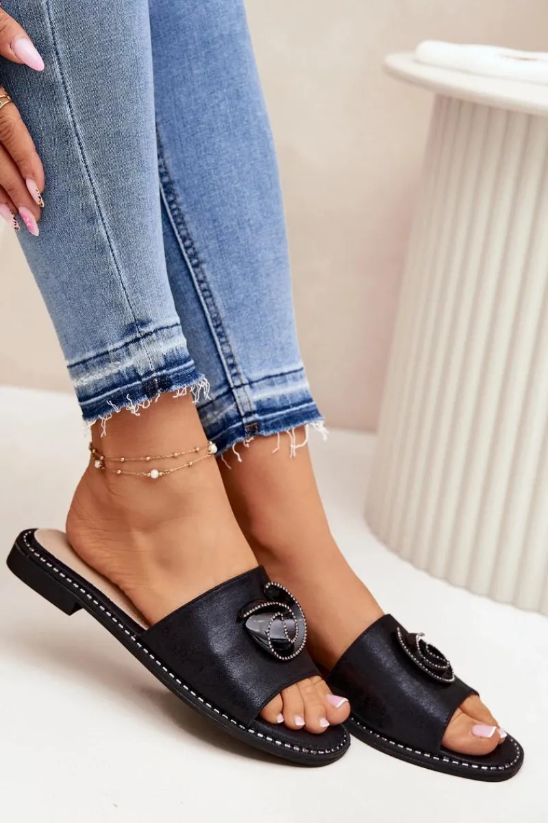 Hot Damskie buty S.Barski Klapki Damskie Na Płaskim Obcasie Z Ozdobnym Detalem KV51-007 Czarne Czarny