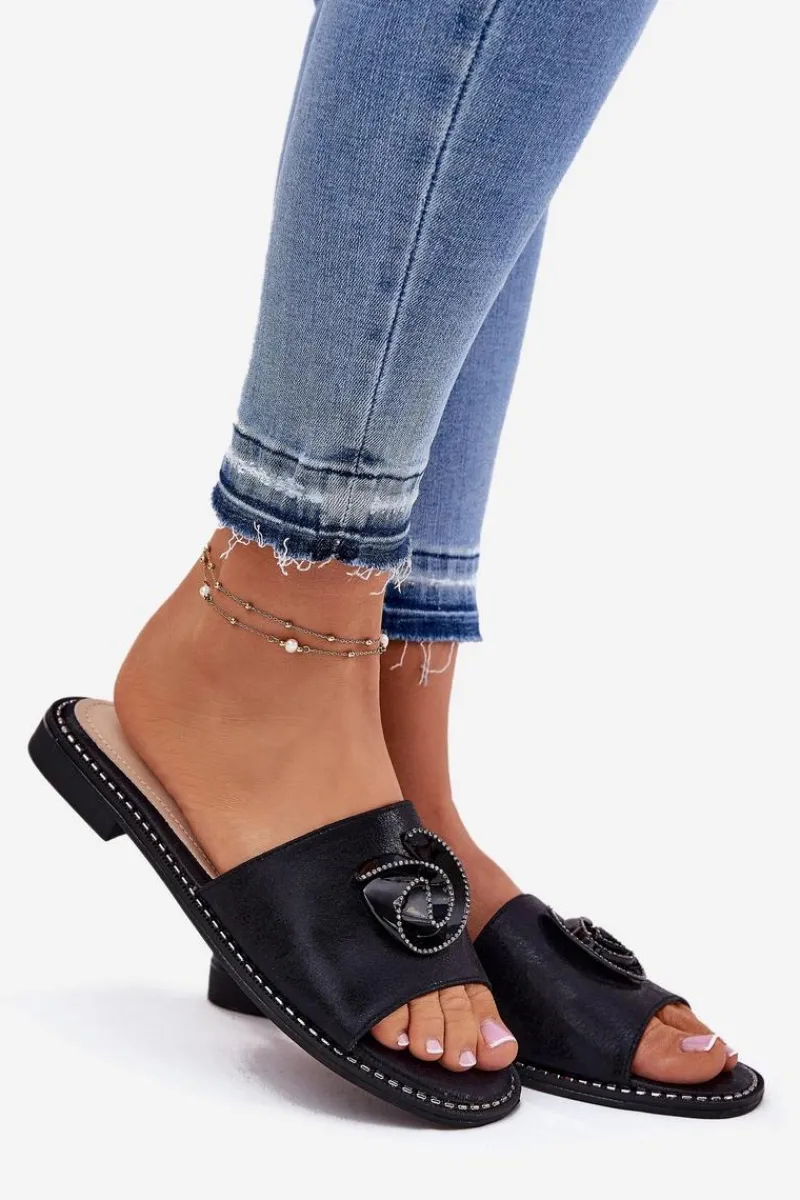 Hot Damskie buty S.Barski Klapki Damskie Na Płaskim Obcasie Z Ozdobnym Detalem KV51-007 Czarne Czarny