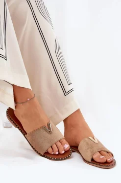 Online Klapki Damskie Na Płaskim Obcasie Z Ozdobnymi Detalami Khaki Saliena Damskie Klapki Damskie Klasyczne