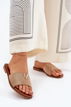 Online Klapki Damskie Na Płaskim Obcasie Z Ozdobnymi Detalami Khaki Saliena Damskie Klapki Damskie Klasyczne