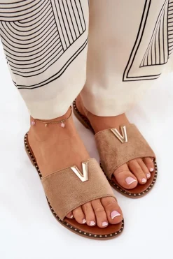 Online Klapki Damskie Na Płaskim Obcasie Z Ozdobnymi Detalami Khaki Saliena Damskie Klapki Damskie Klasyczne