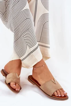 Online Klapki Damskie Na Płaskim Obcasie Z Ozdobnymi Detalami Khaki Saliena Damskie Klapki Damskie Klasyczne