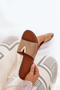 Online Klapki Damskie Na Płaskim Obcasie Z Ozdobnymi Detalami Khaki Saliena Damskie Klapki Damskie Klasyczne