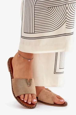 Online Klapki Damskie Na Płaskim Obcasie Z Ozdobnymi Detalami Khaki Saliena Damskie Klapki Damskie Klasyczne