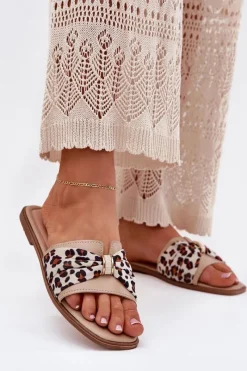 Klapki Damskie Klasyczne>Boto Klapki Damskie Na Płaskim Obcasie Z Kokardą Beżowe Avenza Beżowy