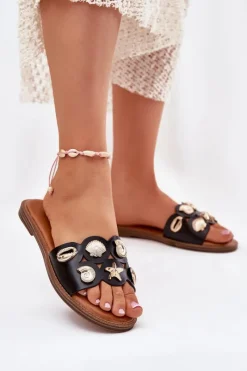 Sale Klapki Damskie Na Płaskim Obcasie Ze Złotymi Przypinkami Czarne Nalothiel Damskie Klapki Damskie Klasyczne