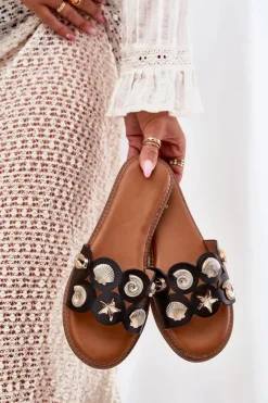 Sale Klapki Damskie Na Płaskim Obcasie Ze Złotymi Przypinkami Czarne Nalothiel Damskie Klapki Damskie Klasyczne