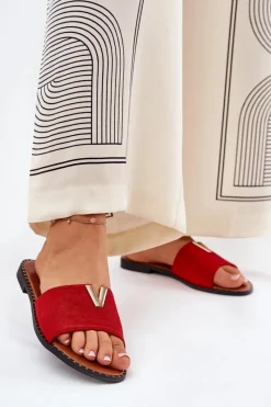 Outlet Boto Klapki Damskie Na Płaskim Obcasie Z Ozdobnymi Detalami Czerwone Saliena