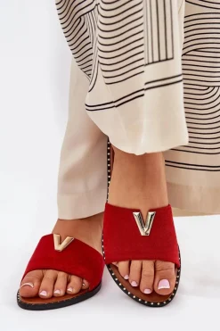 Outlet Boto Klapki Damskie Na Płaskim Obcasie Z Ozdobnymi Detalami Czerwone Saliena