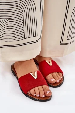 Outlet Boto Klapki Damskie Na Płaskim Obcasie Z Ozdobnymi Detalami Czerwone Saliena