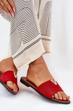 Outlet Boto Klapki Damskie Na Płaskim Obcasie Z Ozdobnymi Detalami Czerwone Saliena