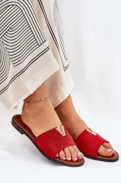 Outlet Boto Klapki Damskie Na Płaskim Obcasie Z Ozdobnymi Detalami Czerwone Saliena