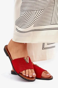 Outlet Boto Klapki Damskie Na Płaskim Obcasie Z Ozdobnymi Detalami Czerwone Saliena