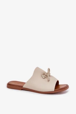 Best Klapki Damskie Na Płaskim Obcasie Z Ozdobnym Wiązaniem Beżowe Norela Damskie Klapki Damskie Klasyczne