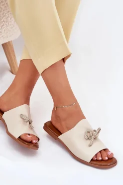 Best Klapki Damskie Na Płaskim Obcasie Z Ozdobnym Wiązaniem Beżowe Norela Damskie Klapki Damskie Klasyczne