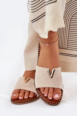 Klapki Damskie Klasyczne>Boto Klapki Damskie Na Płaskim Obcasie Z Ozdobnymi Detalami Beżowe Saliena