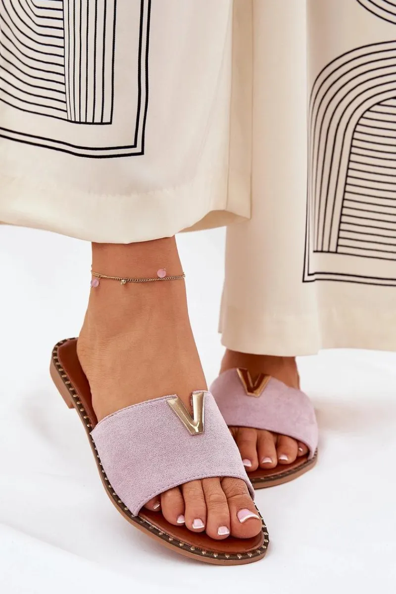 Klapki Damskie Klasyczne>Boto Klapki Damskie Na Płaskim Obcasie Z Ozdobnymi Detalami Fioletowe Saliena Fioletowy