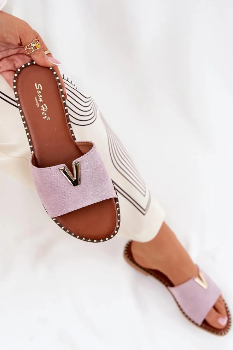 Klapki Damskie Klasyczne>Boto Klapki Damskie Na Płaskim Obcasie Z Ozdobnymi Detalami Fioletowe Saliena Fioletowy