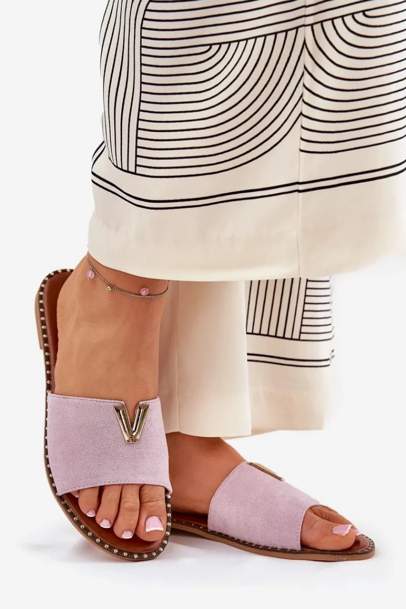 Klapki Damskie Klasyczne>Boto Klapki Damskie Na Płaskim Obcasie Z Ozdobnymi Detalami Fioletowe Saliena Fioletowy