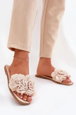 Discount Boto Klapki Damskie Na Płaskim Obcasie Z Ozdobnymi Kwiatami Beżowe Misorsse