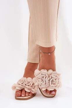 Discount Boto Klapki Damskie Na Płaskim Obcasie Z Ozdobnymi Kwiatami Beżowe Misorsse