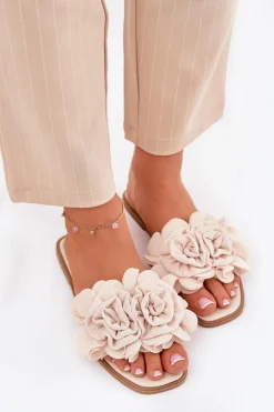 Discount Boto Klapki Damskie Na Płaskim Obcasie Z Ozdobnymi Kwiatami Beżowe Misorsse