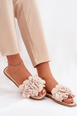 Discount Boto Klapki Damskie Na Płaskim Obcasie Z Ozdobnymi Kwiatami Beżowe Misorsse