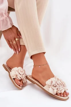 Discount Boto Klapki Damskie Na Płaskim Obcasie Z Ozdobnymi Kwiatami Beżowe Misorsse