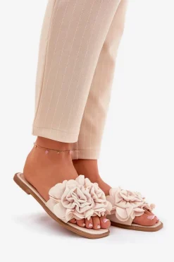 Discount Boto Klapki Damskie Na Płaskim Obcasie Z Ozdobnymi Kwiatami Beżowe Misorsse