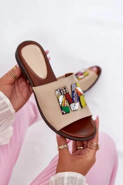 New Klapki Damskie Na Płaskim Obcasie Z Ozdobą Złote Clelione Damskie Klapki Damskie Klasyczne