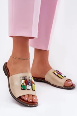 New Klapki Damskie Na Płaskim Obcasie Z Ozdobą Złote Clelione Damskie Klapki Damskie Klasyczne