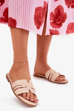 Klapki Damskie Klasyczne>Boto Klapki Damskie Na Płaskim Obcasie Z Wycięciami Eko Skórzane Beżowe Ecapus Beżowy